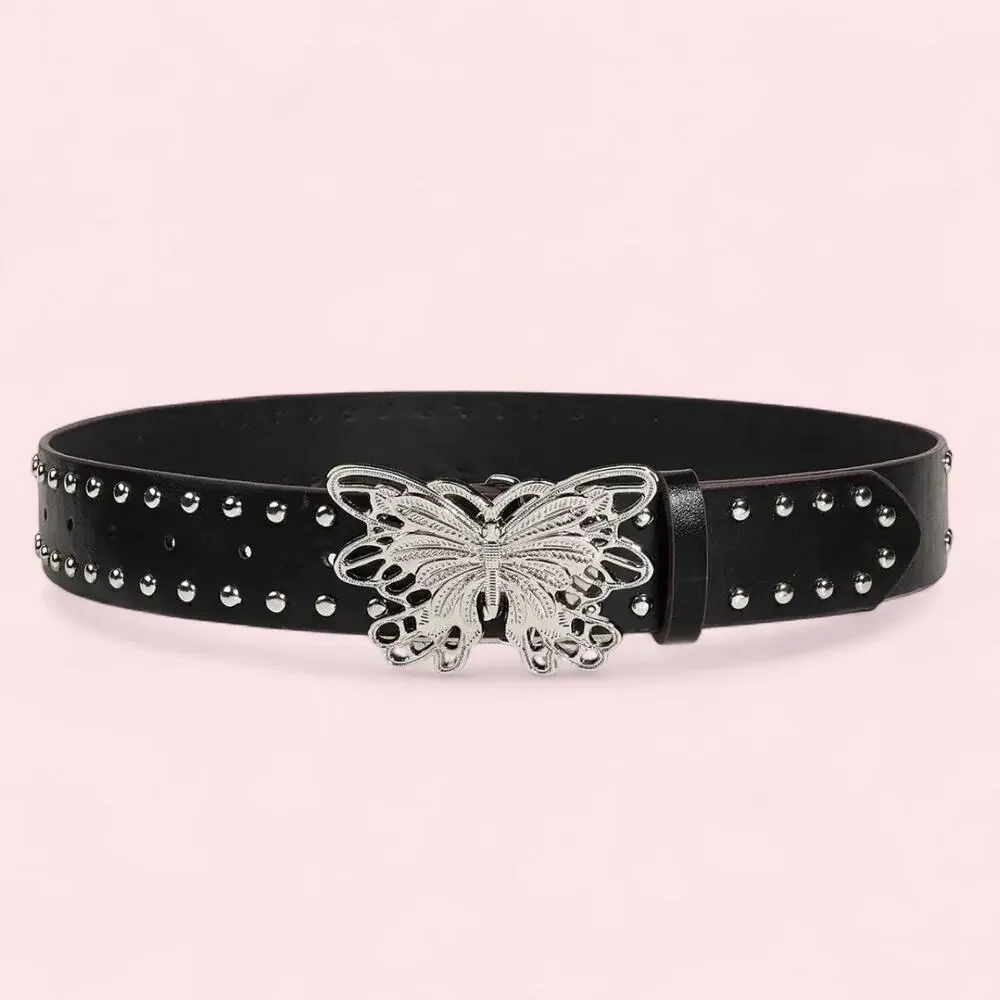Black studded belt with silver butterfly buckle Coquette fairycore whimsigoth